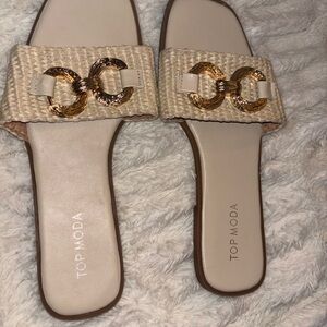 TOP Moda Women's Tan and Gold Slide Sandals